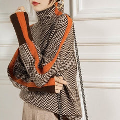 Sara | Dames Visgraat Rolkraag Sweater met Contrasterende Manchetten