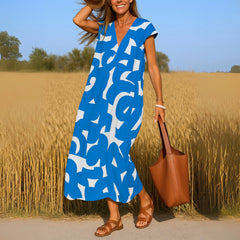Anna | Dames Vloeiende Maxi Jurk V-hals Grafische Print