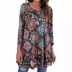 Mila | Dames Wijdvallende Mandalaprint Tunic met Driekwart Mouwen
