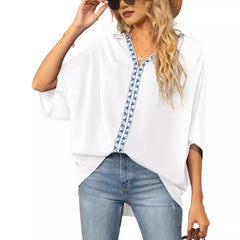 Sophie | Dames Wijdvallende V-hals Tunic Geometrische Borduurrand