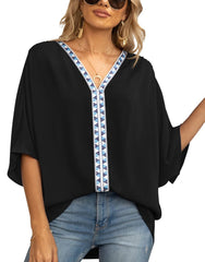 Sophie | Dames Wijdvallende V-hals Tunic Geometrische Borduurrand