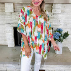 Olivia | Dames Wijdvallende V-hals Tunic Kleurrijke Abstracte Print