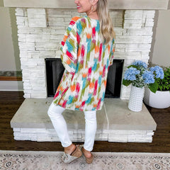 Olivia | Dames Wijdvallende V-hals Tunic Kleurrijke Abstracte Print