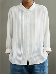 Yara | Dames Witte Kant-Geplooide Knoopsluiting Lange Mouw Blouse
