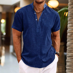 Bram | Heren Linnen Korte Mouw Henley Zomershirt Knoopsluiting