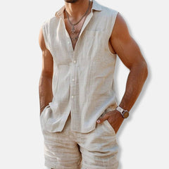 Jayden | Heren Mouwloos Linnen Button-Down Shirt Shorts Set