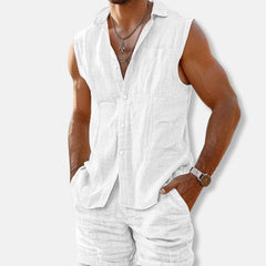 Jayden | Heren Mouwloos Linnen Button-Down Shirt Shorts Set
