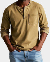 Mees | Heren Vintage Langarm Henley Shirt Borstzak