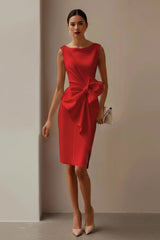 Eva | Mouwloze Midi Cocktail Dress met Strikdetail en Splitje