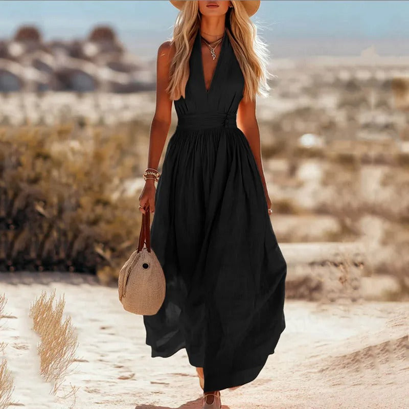Nora | Dames Boho Linnen Halter Maxi Jurk Mouwloos