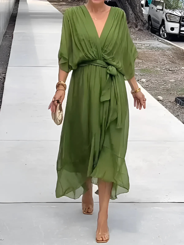 Blake | Dames Midi Jurk Met Strikceintuur En Vlindermouwen