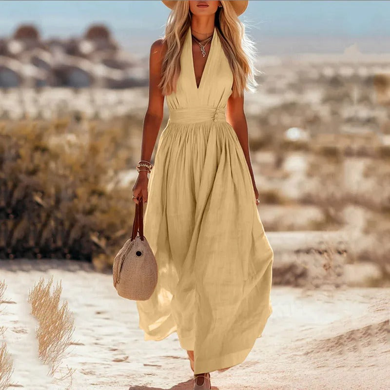 Nora | Dames Boho Linnen Halter Maxi Jurk Mouwloos