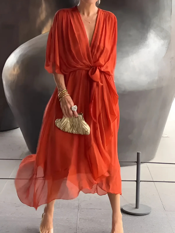 Blake | Dames Midi Jurk Met Strikceintuur En Vlindermouwen