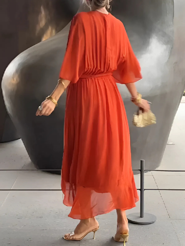 Blake | Dames Midi Jurk Met Strikceintuur En Vlindermouwen