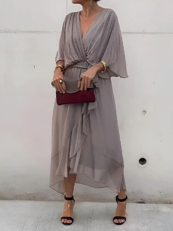 Blake | Dames Midi Jurk Met Strikceintuur En Vlindermouwen