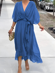 Blake | Dames Midi Jurk Met Strikceintuur En Vlindermouwen