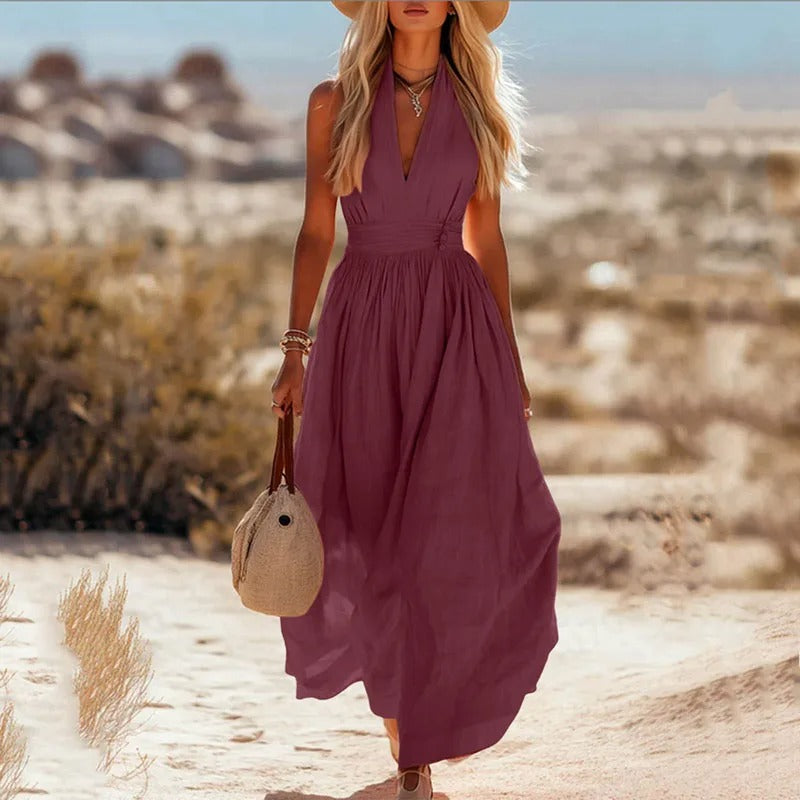 Nora | Dames Boho Linnen Halter Maxi Jurk Mouwloos