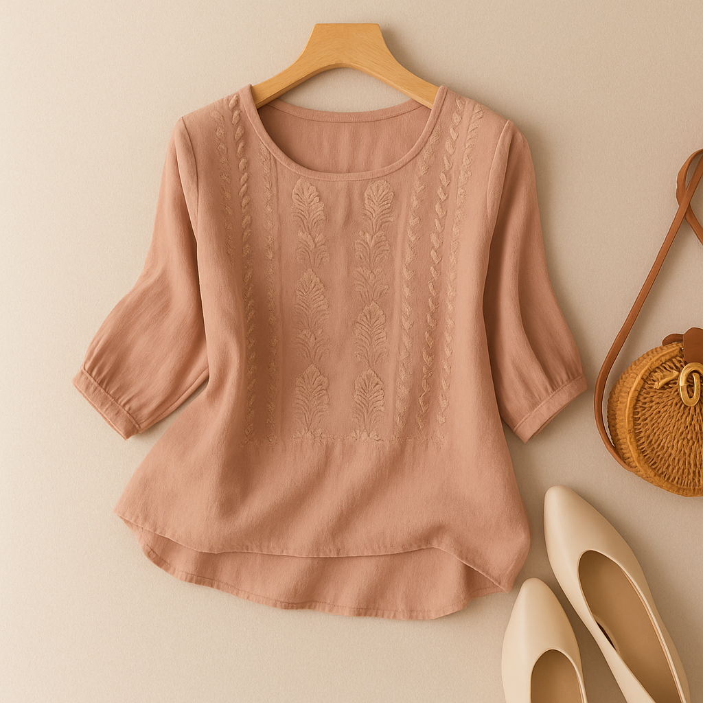 Phoebe | Dames Geborduurde Blouse Met Ronde Hals