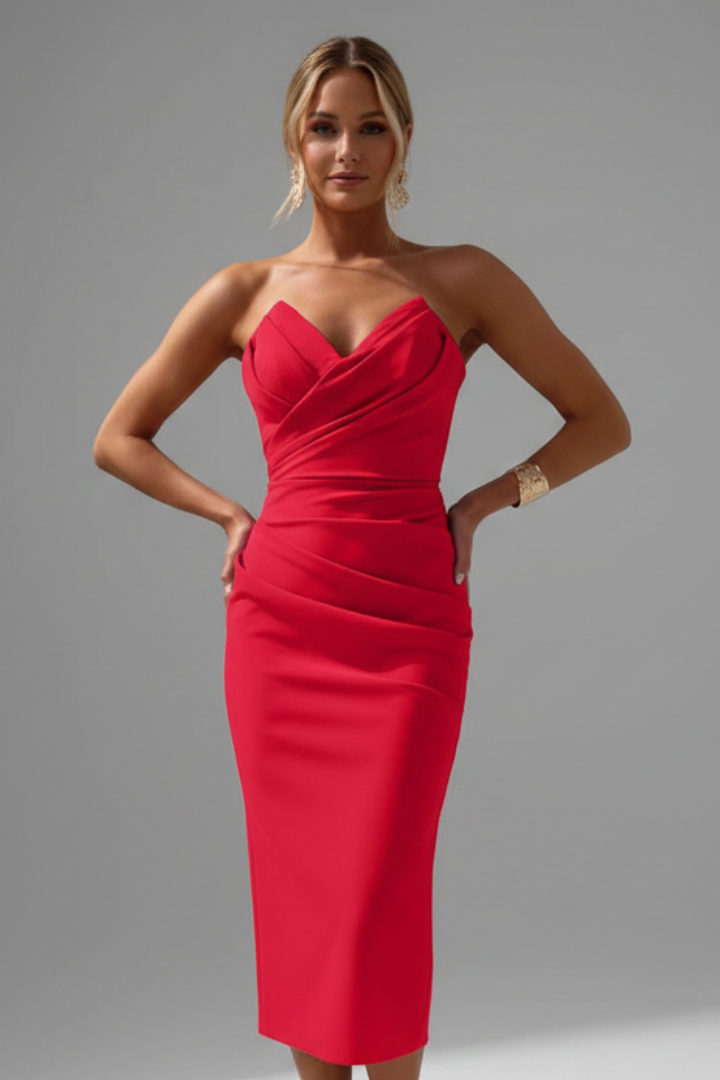 Paisley | Dames Strapless Midi Jurk met Gerimpelde Rok