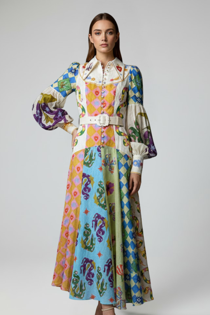 Rose | Dames Maxi Jurk met Lange Mouwen, Print en V-Hals