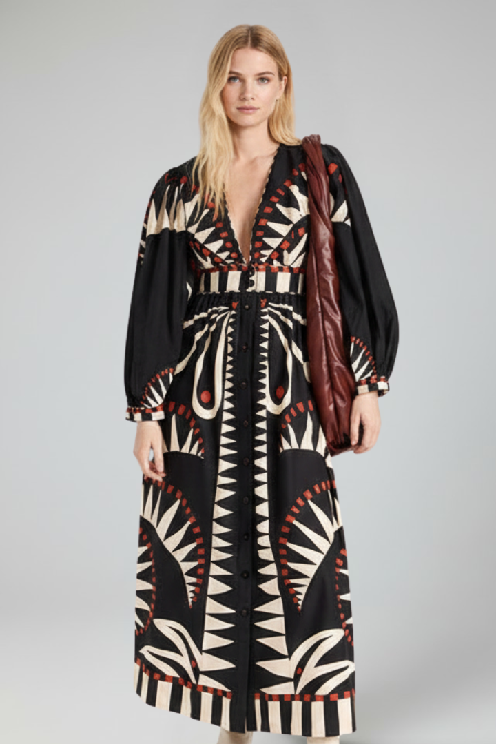 Rose | Dames Maxi Jurk met Lange Mouwen, Print en V-Hals