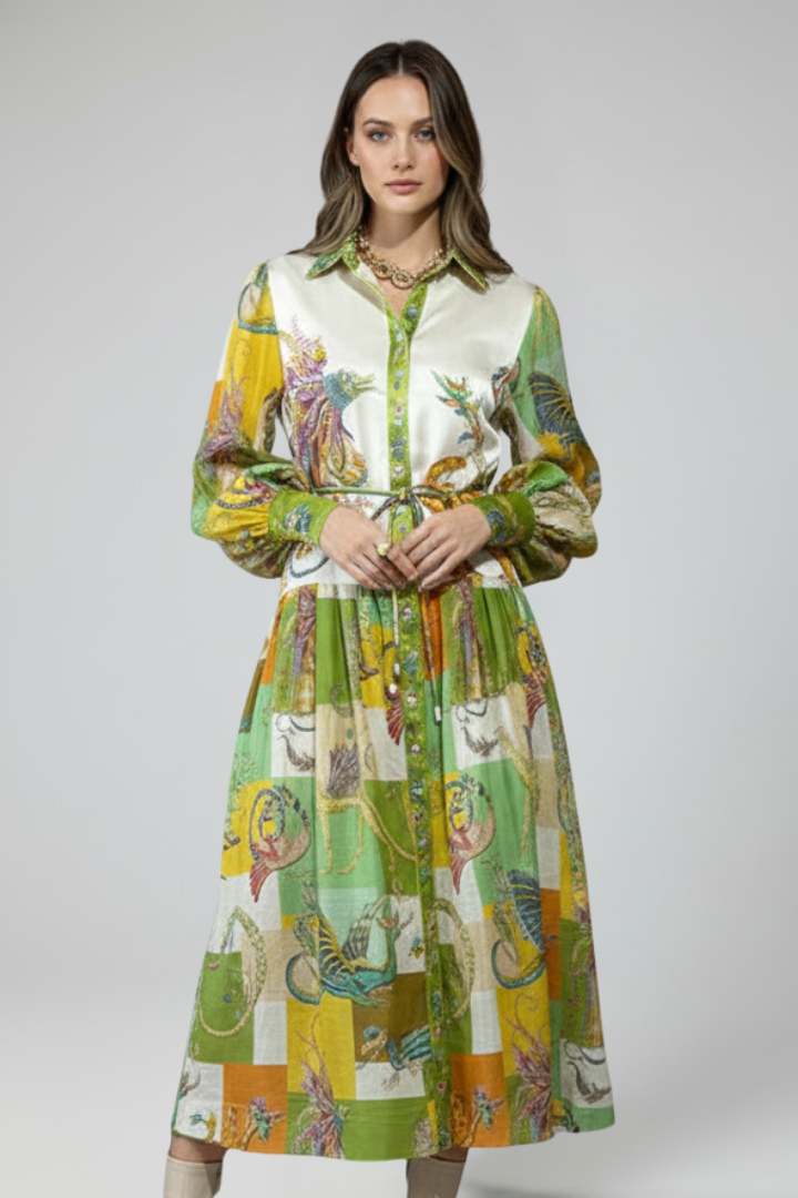 Rose | Dames Maxi Jurk met Lange Mouwen, Print en V-Hals