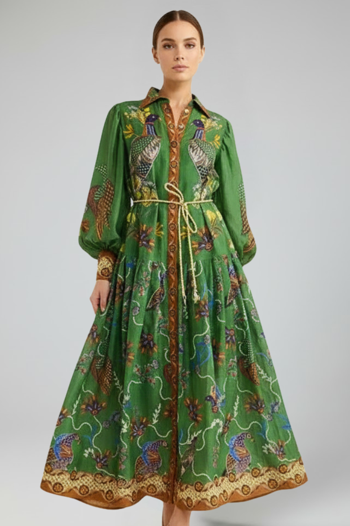 Rose | Dames Maxi Jurk met Lange Mouwen, Print en V-Hals
