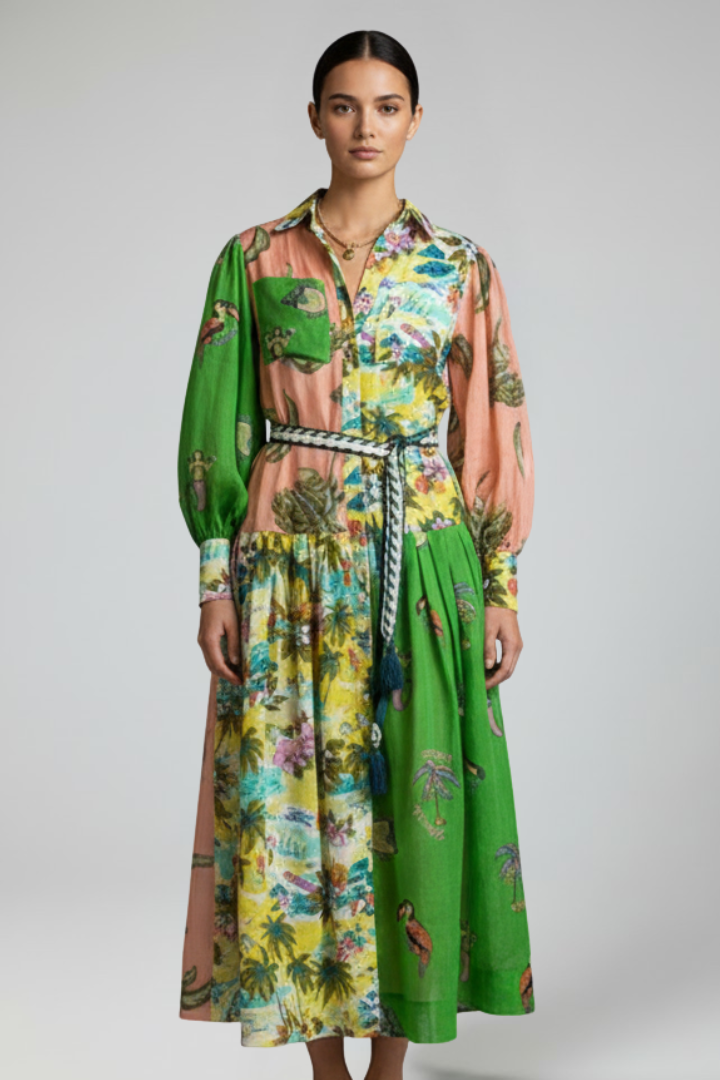 Rose | Dames Maxi Jurk met Lange Mouwen, Print en V-Hals