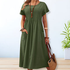 Astrid | Dames Geplooide Midi Jurk Met Korte Mouwen
