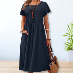 Astrid | Dames Geplooide Midi Jurk Met Korte Mouwen