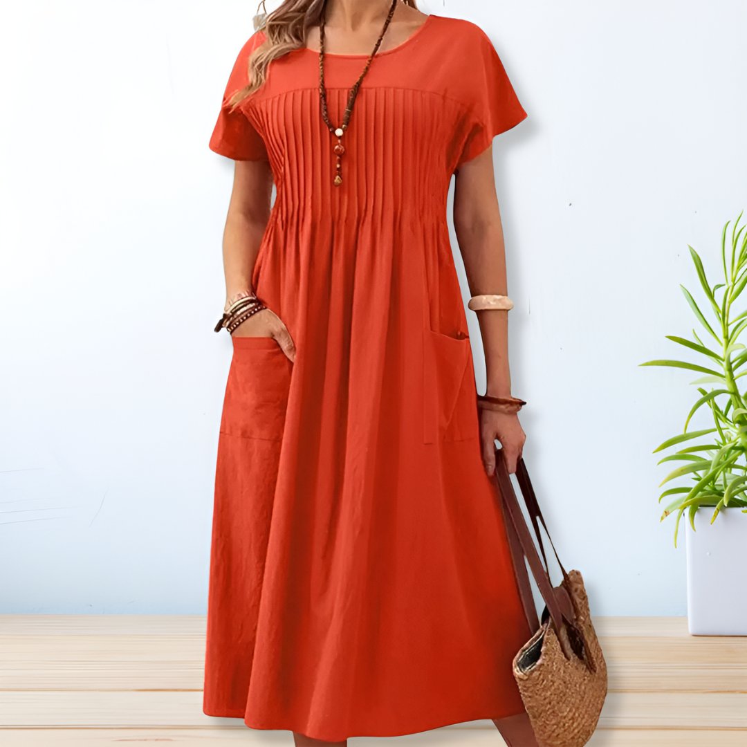 Astrid | Dames Geplooide Midi Jurk Met Korte Mouwen