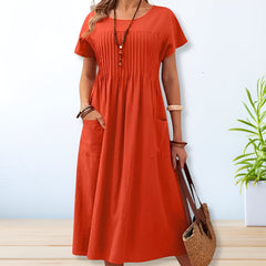 Astrid | Dames Geplooide Midi Jurk Met Korte Mouwen