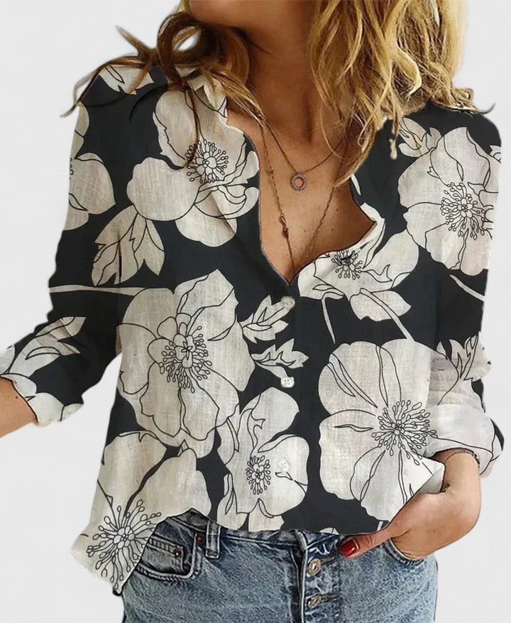 Andrea | Dames Linnen Blouse Met V-Hals En Knoopsluiting
