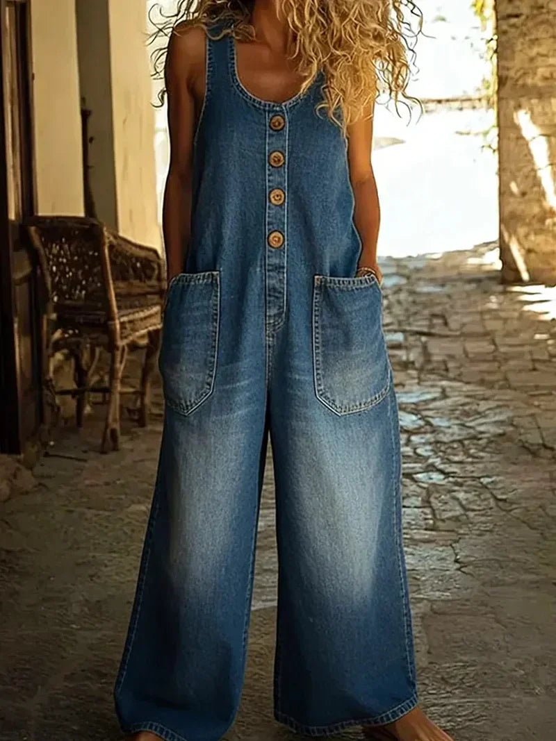 Eva | Boho Dames Losse Mouwloze Denim Jumpsuit Knopen