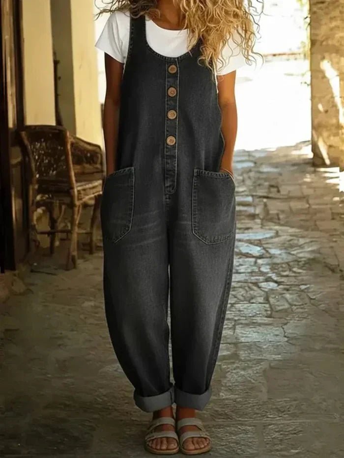 Eva | Boho Dames Losse Mouwloze Denim Jumpsuit Knopen