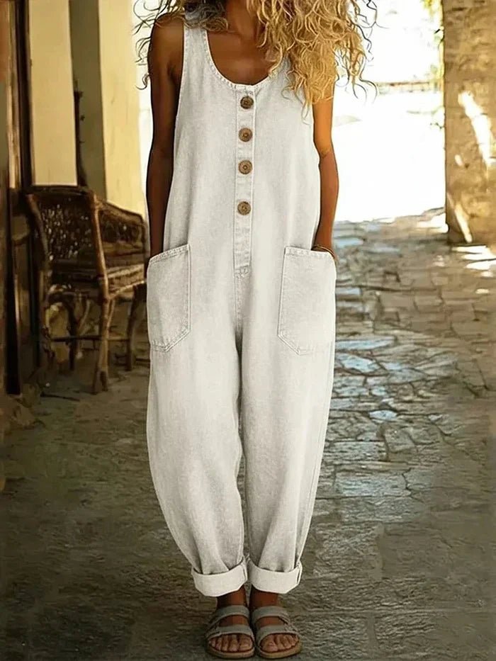 Eva | Boho Dames Losse Mouwloze Denim Jumpsuit Knopen