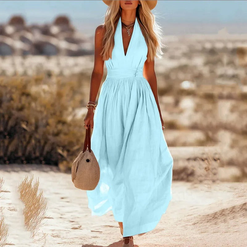 Nora | Dames Boho Linnen Halter Maxi Jurk Mouwloos
