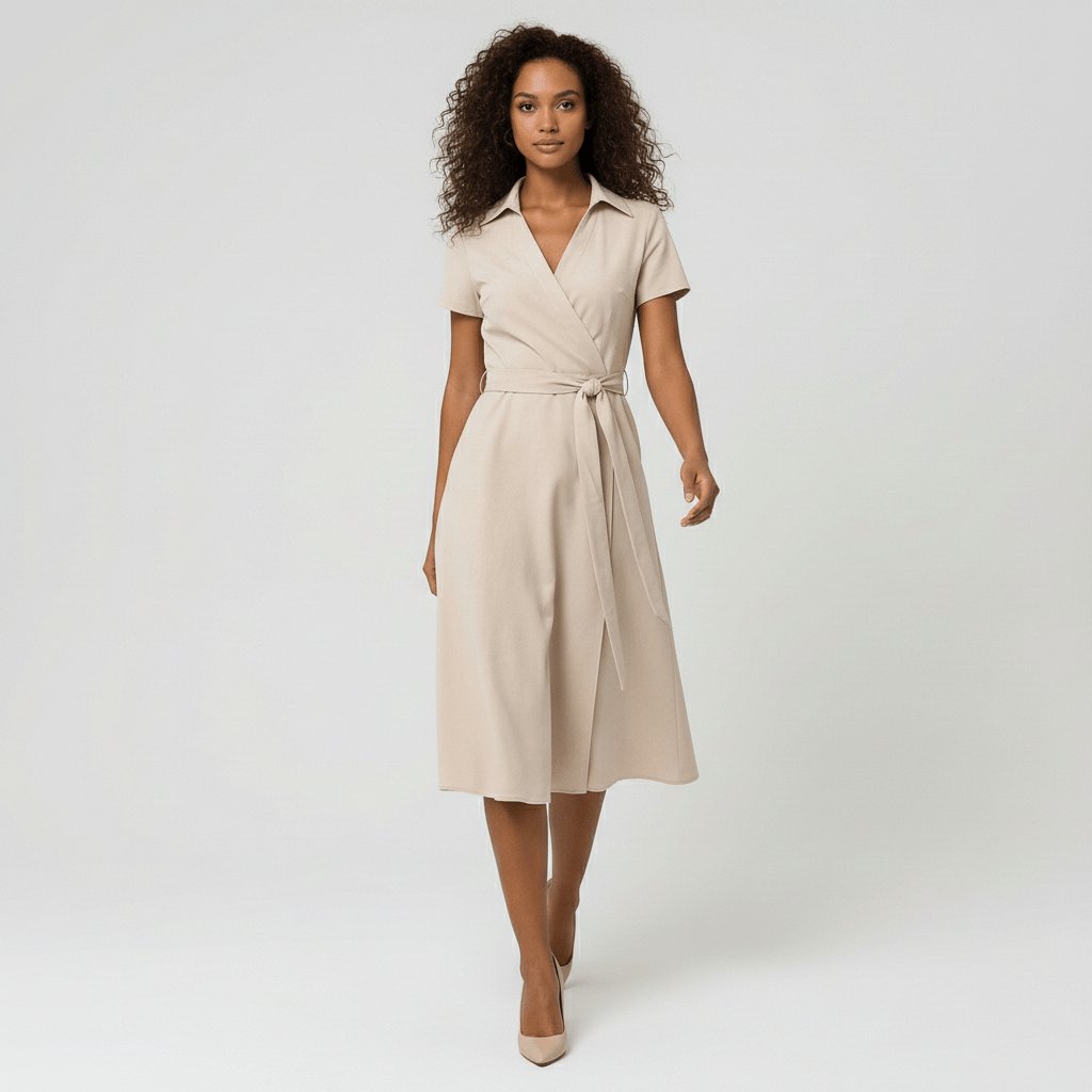 Sophie | Dames A-lijn Wikkel Midi-jurk V-hals Korte Mouwen Ceintuur