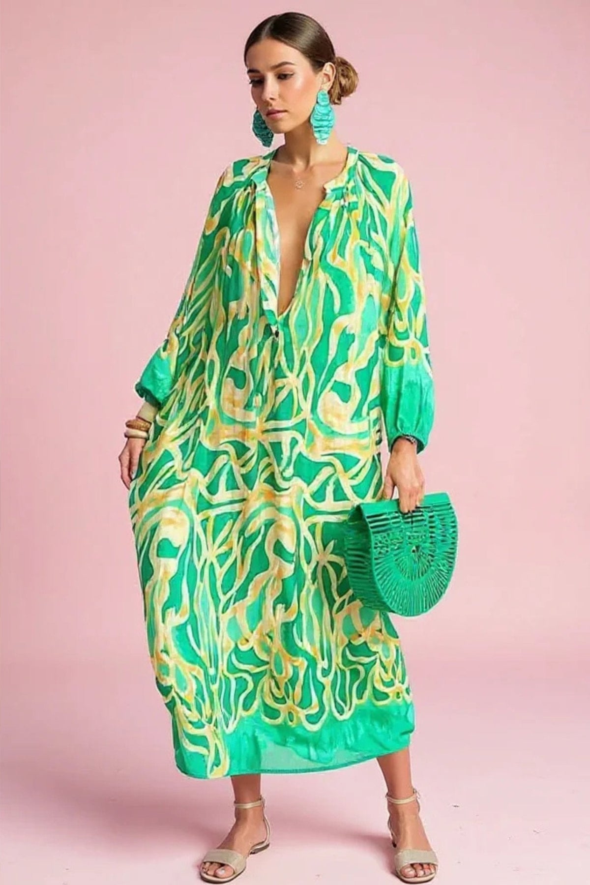 Femke | Dames Abstractprint V-hals Kaftan Maxi-jurk Wijdvallend
