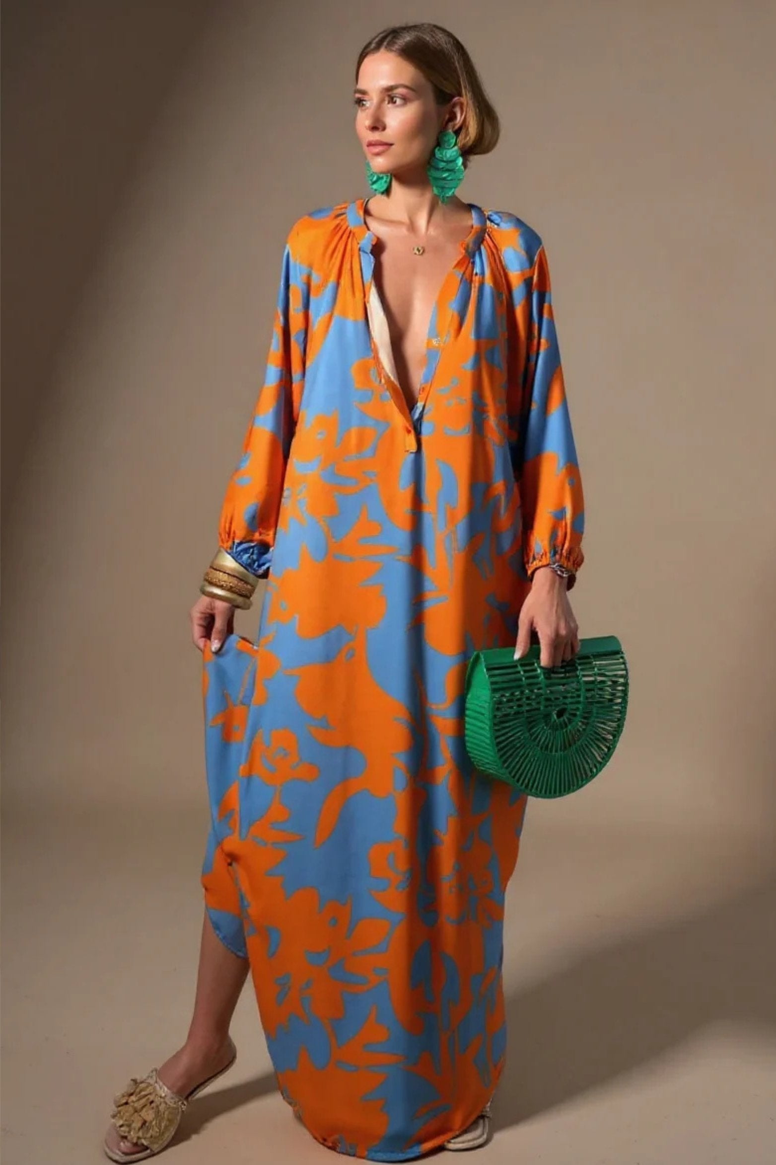 Femke | Dames Abstractprint V-hals Kaftan Maxi-jurk Wijdvallend