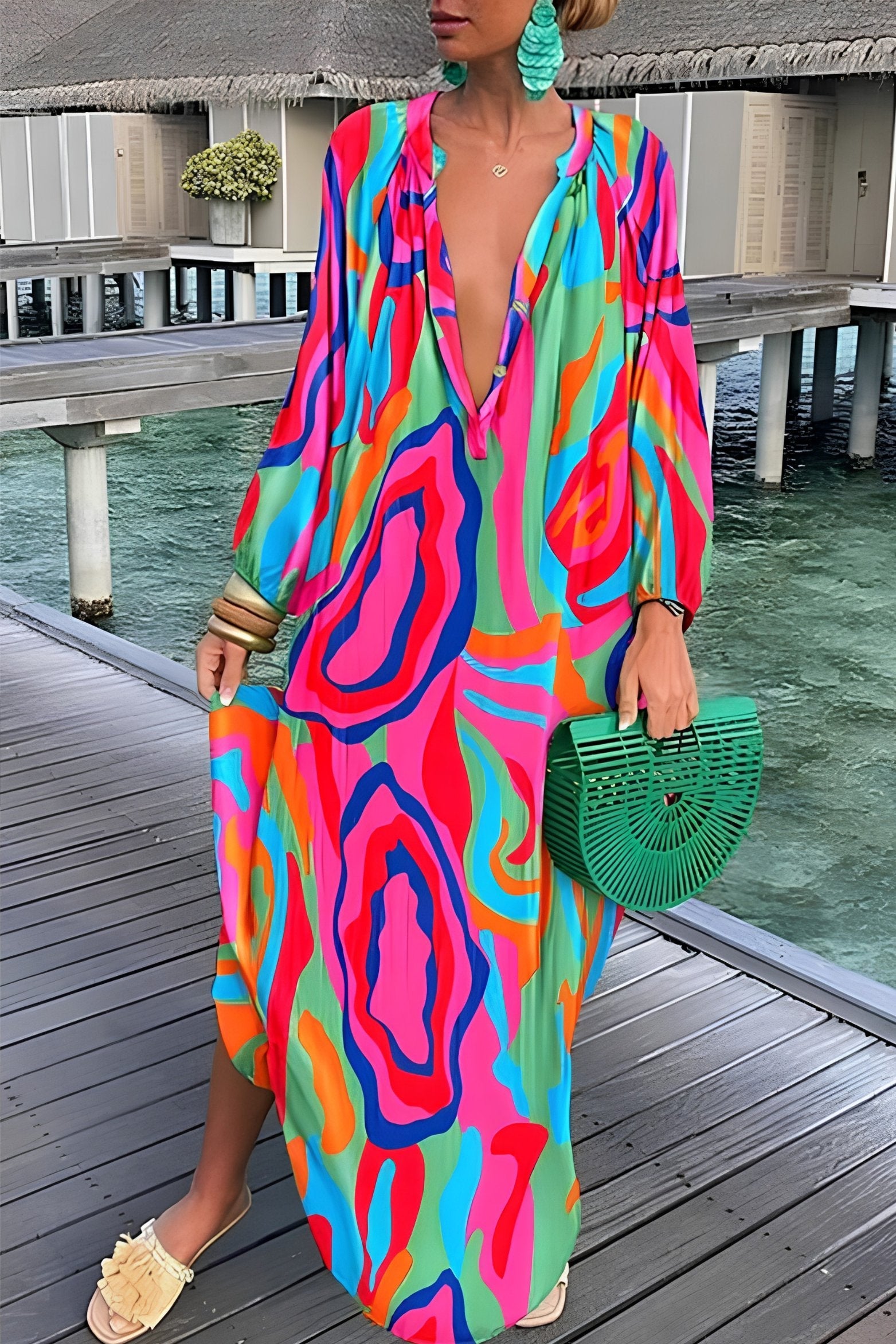 Femke | Dames Abstractprint V-hals Kaftan Maxi-jurk Wijdvallend