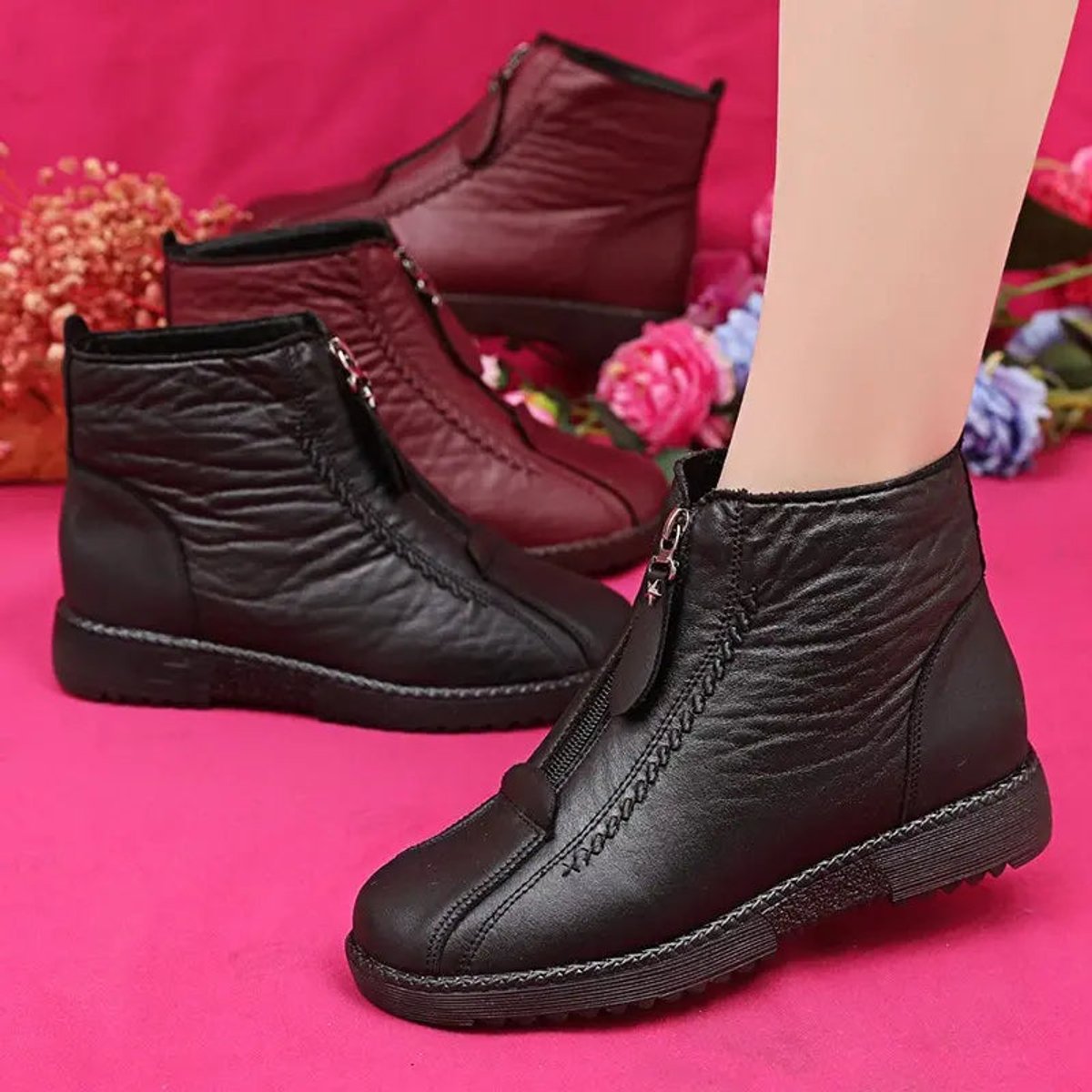 Tessa | Dames Antislip Gevoerde Leren Ankle Boots met Rits