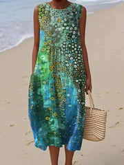 Julia | Dames Artistieke Mouwloze Midi Dress Strandprint
