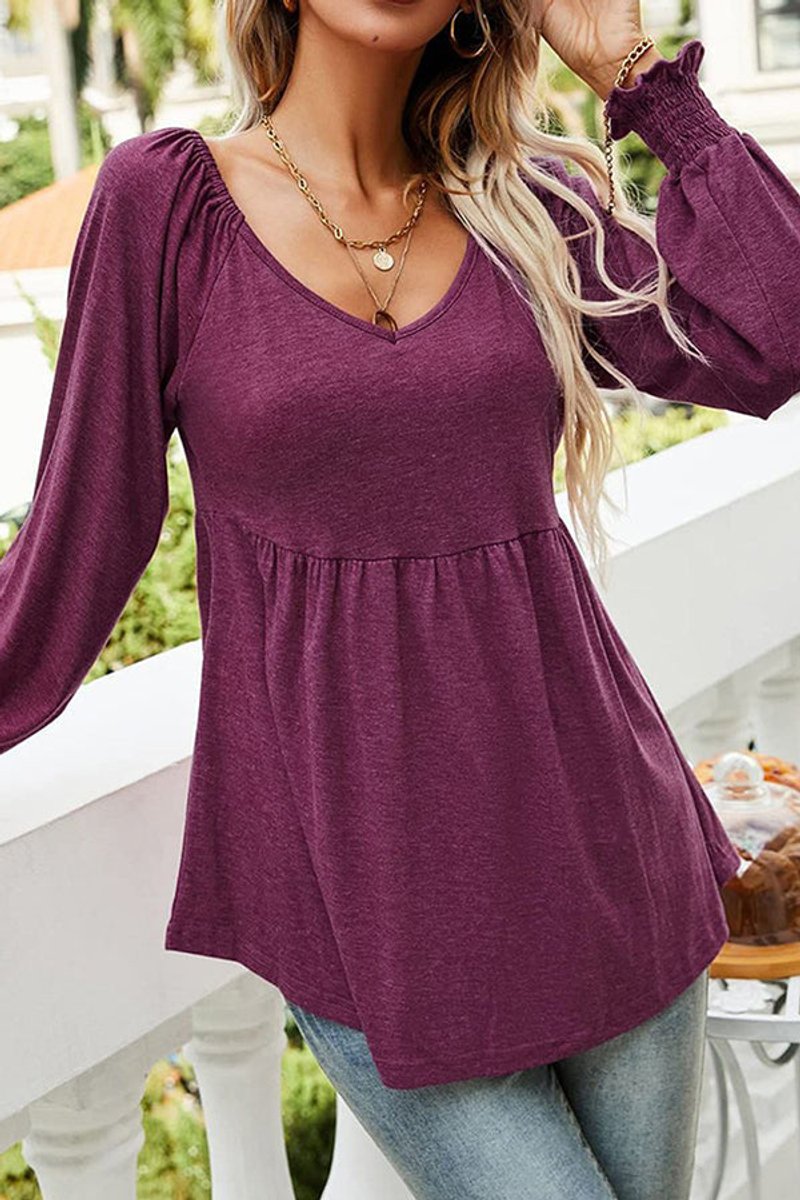 Sara | Dames Babydoll Tunic V-hals Gesmockte Mouw Casual Top