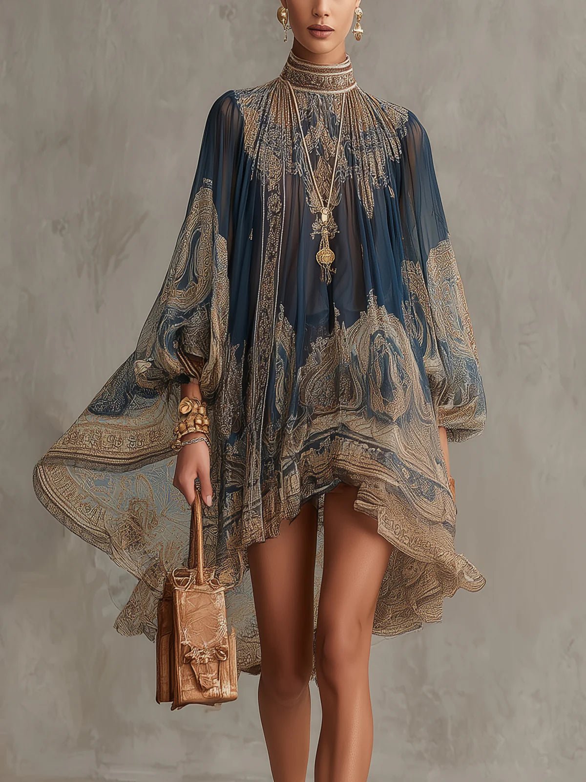 Sanne | Dames Barokprint Chiffon Jurk Hoge Hals Wapperende Mouwen