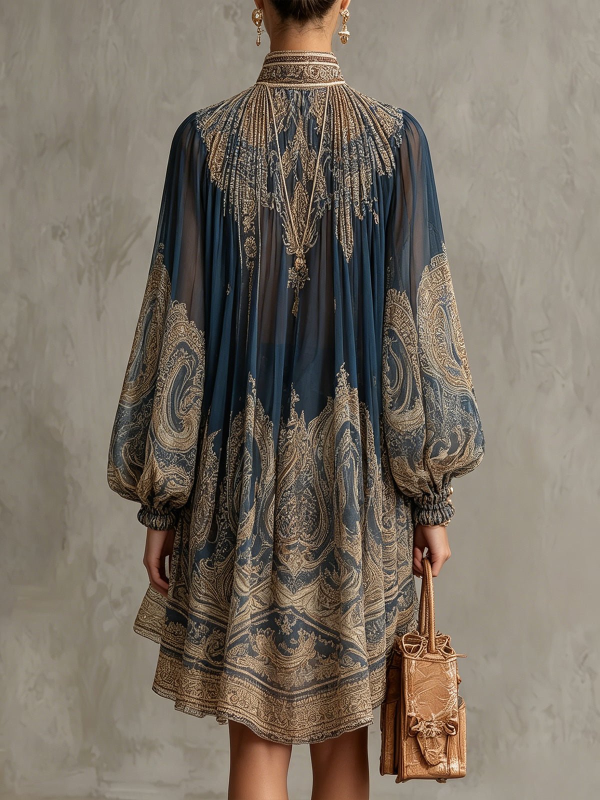 Sanne | Dames Barokprint Chiffon Jurk Hoge Hals Wapperende Mouwen