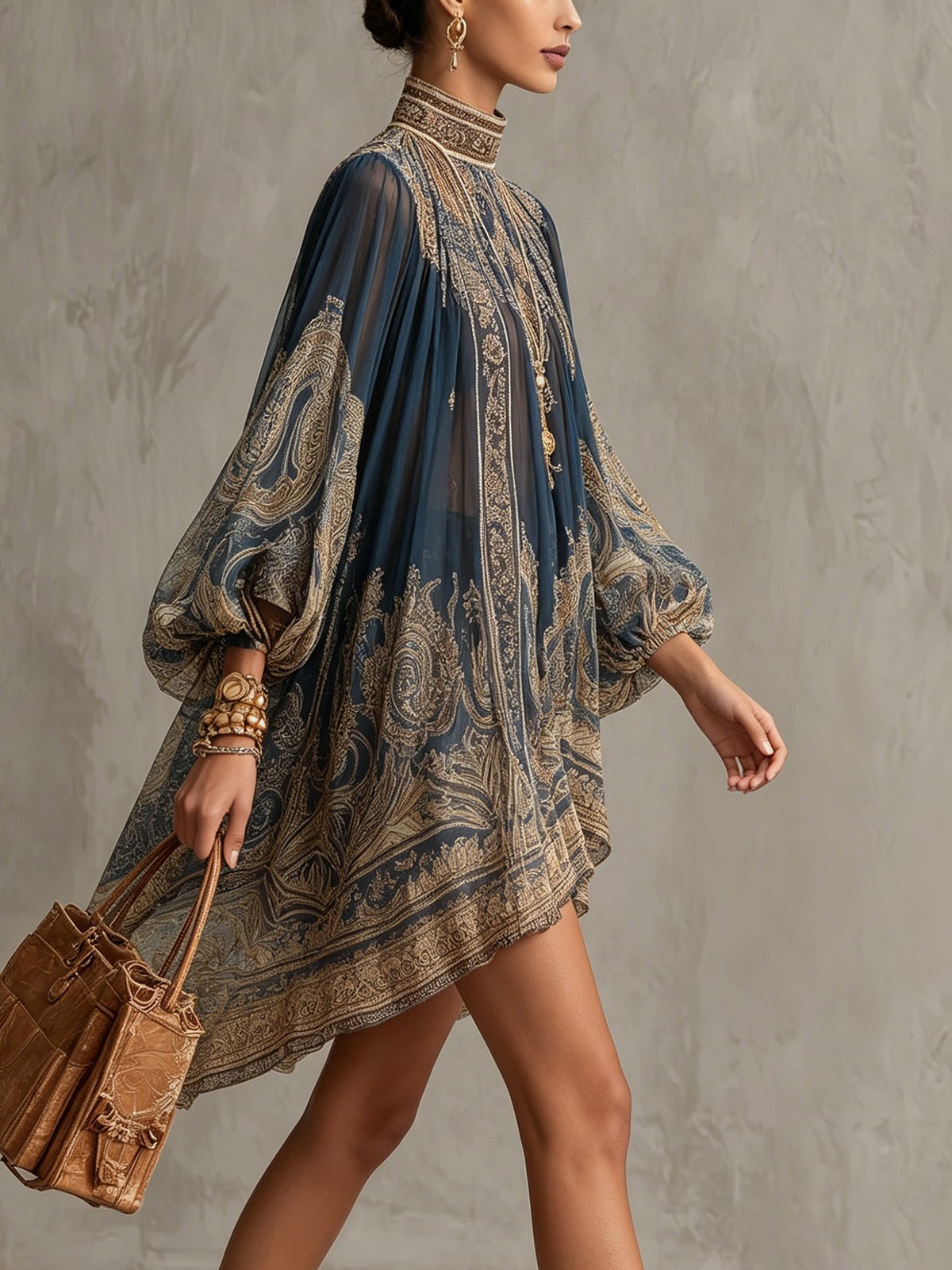 Sanne | Dames Barokprint Chiffon Jurk Hoge Hals Wapperende Mouwen