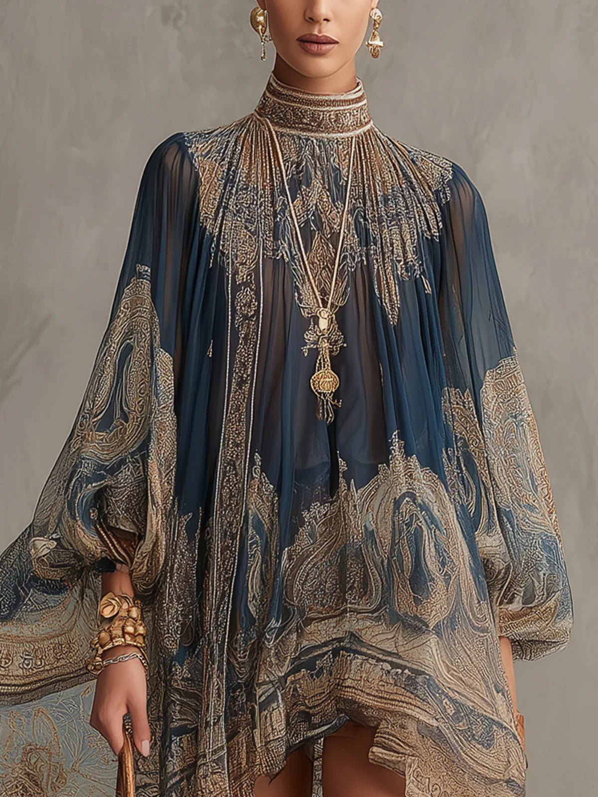 Sanne | Dames Barokprint Chiffon Jurk Hoge Hals Wapperende Mouwen
