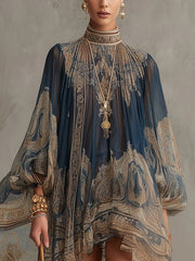 Sanne | Dames Barokprint Chiffon Jurk Hoge Hals Wapperende Mouwen
