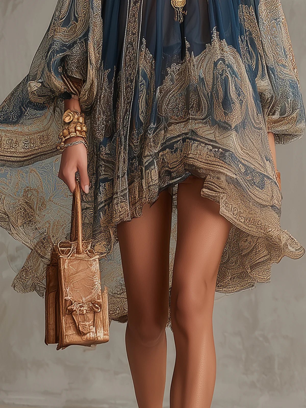 Sanne | Dames Barokprint Chiffon Jurk Hoge Hals Wapperende Mouwen
